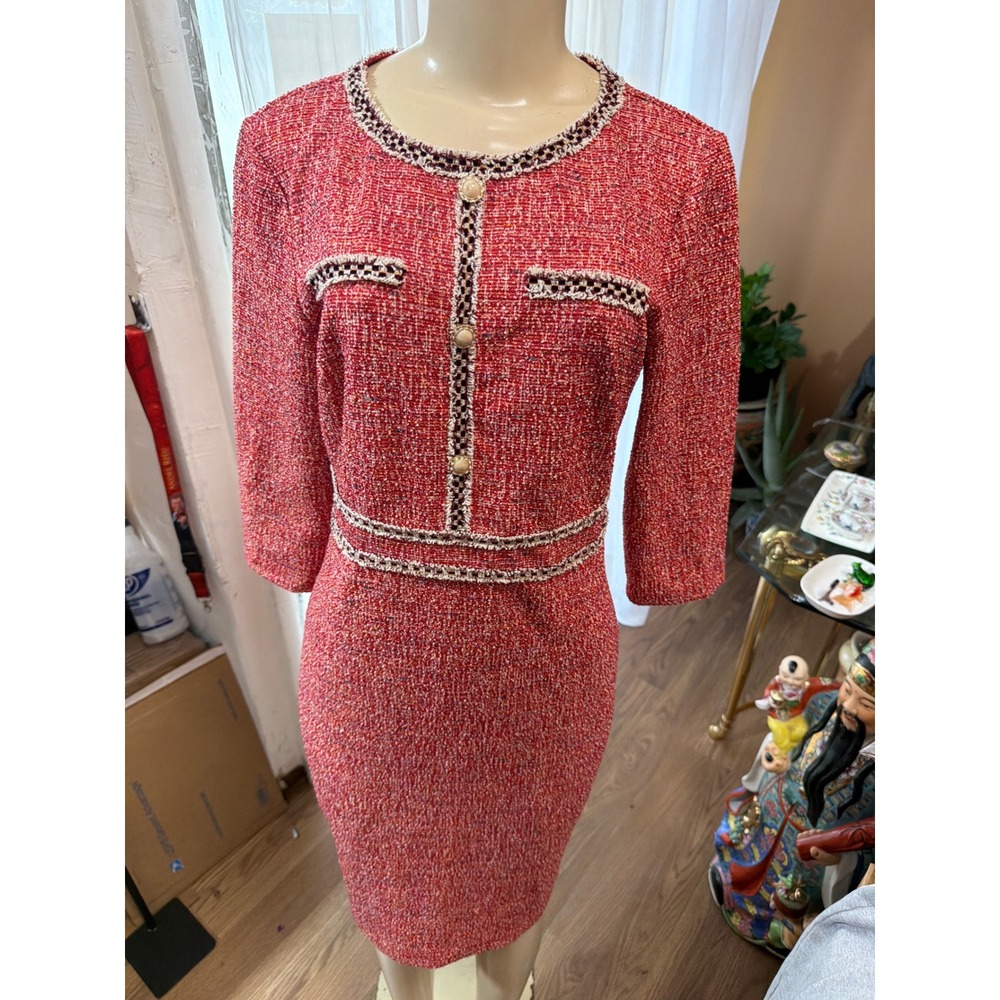 DW Red Boucle Tweed Sheath Dress Braided Trim Gold Buttons Size Medium